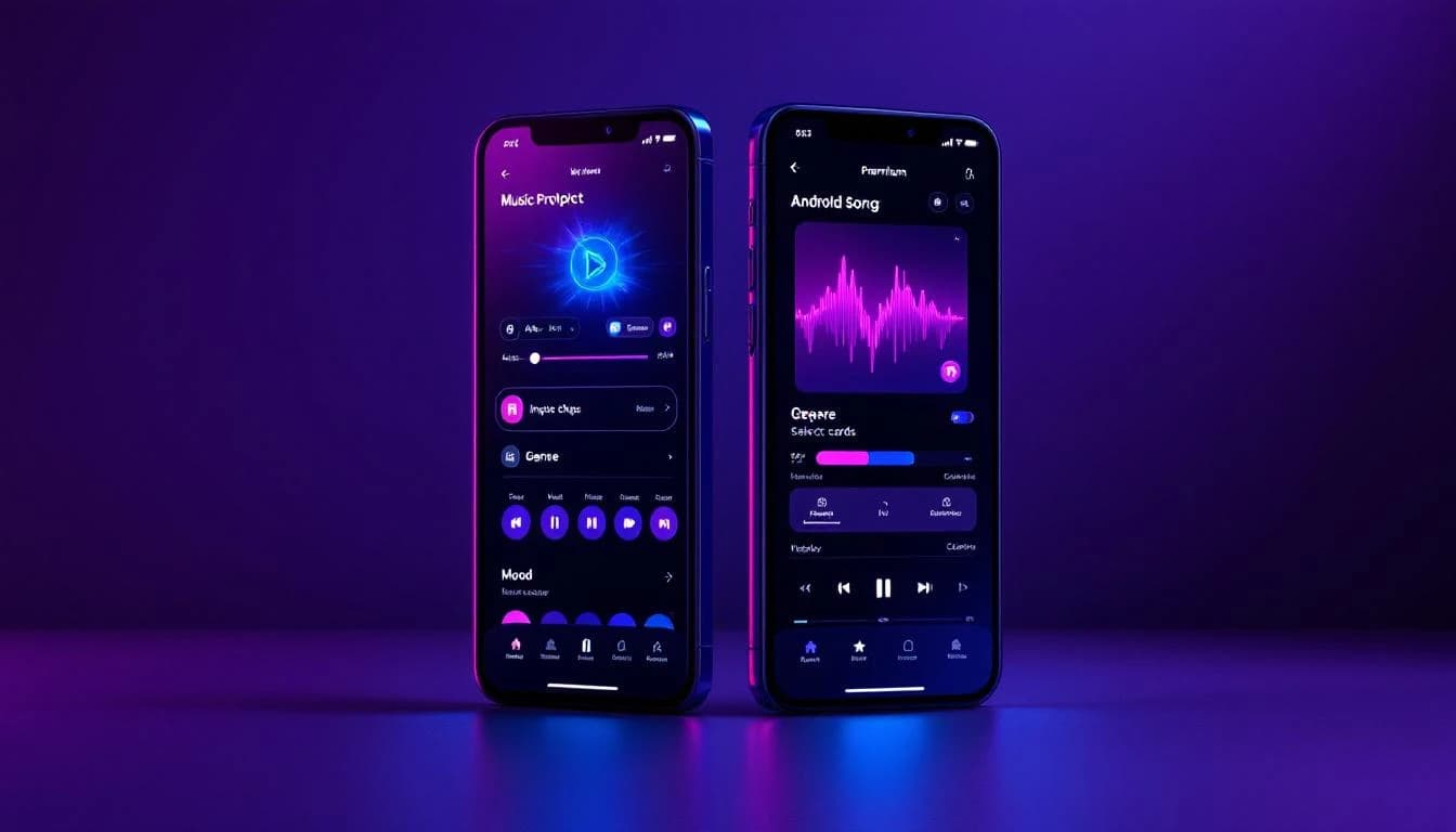 BeatBot KI Musik Generator App auf iPhone und Android — Text zu Musik mit Wellenform-Player und Genre-Auswahl